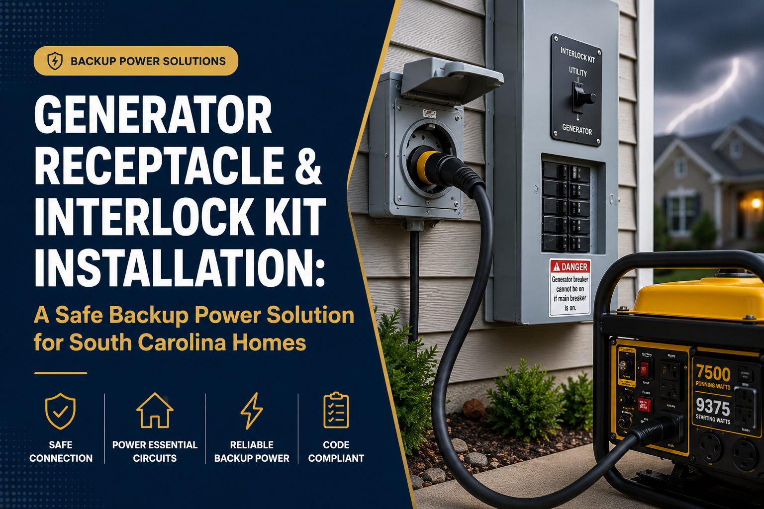 Generator interlock kit installation: a portable generator plugged into an outdoor inlet box next to the electrical panel